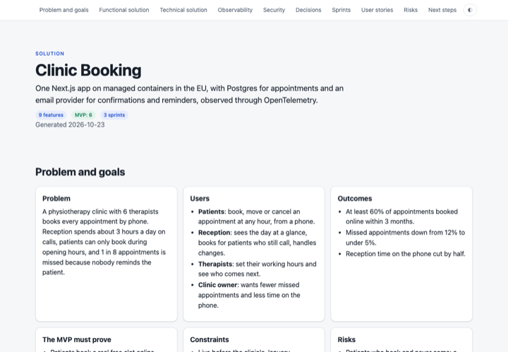 The Clinic Booking solution presentation: problem and goals, users, outcomes, the MVP